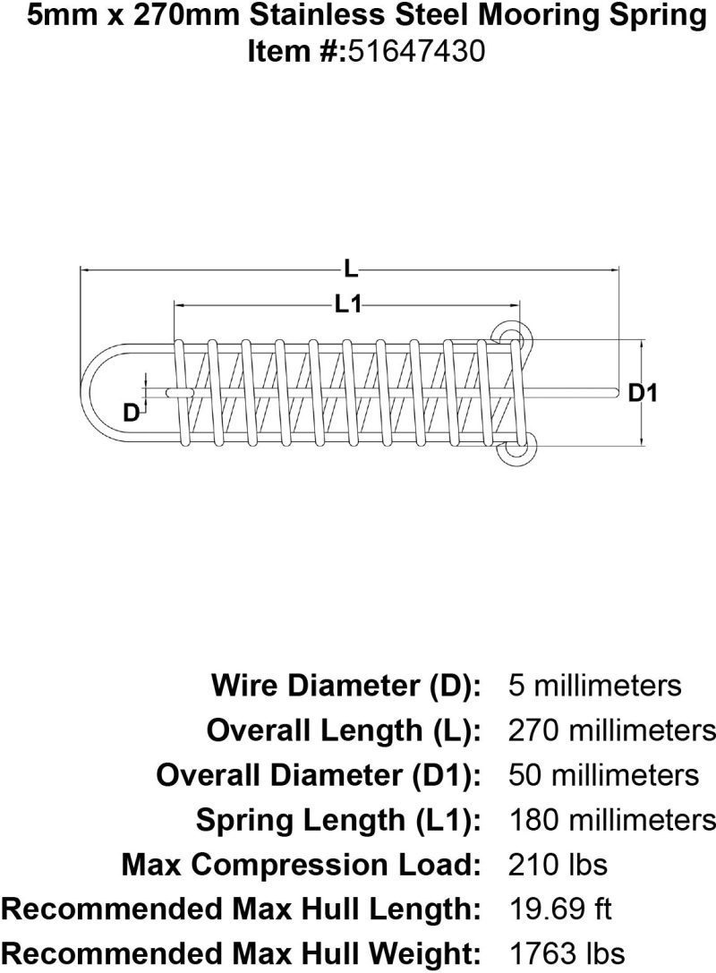 5mm x 270mm Stainless Steel Mooring Spring specification diagram