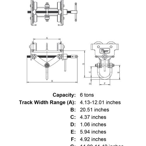 6 ton tiger lifting apt adjustable plain hoist beam trolley specification diagram