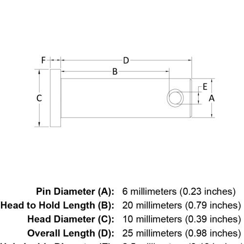 6 x 20 Stainless Steel Clevis Pin specification diagram