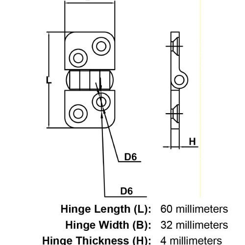 60mm Stainless Steel Marine Hinge Style 1165 specification diagram