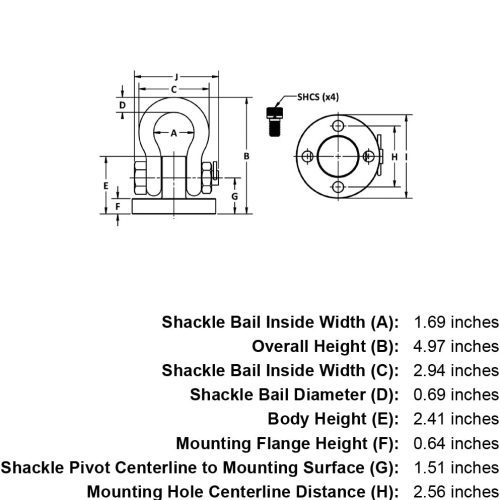 6500 lb WLL Shackle Hoist Ring specification diagram