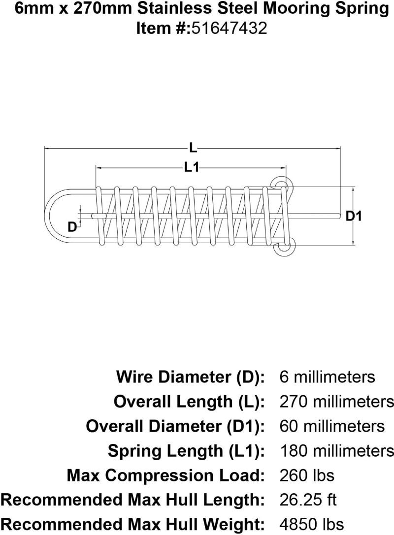 6mm x 270mm Stainless Steel Mooring Spring specification diagram