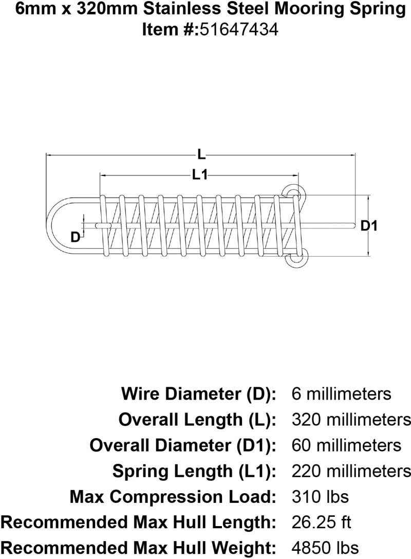 6mm x 320mm Stainless Steel Mooring Spring specification diagram