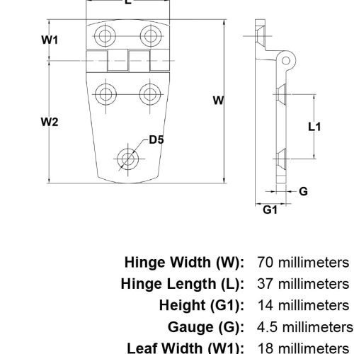 70mm Stainless Steel Marine Hinge Style 1202 specification diagram