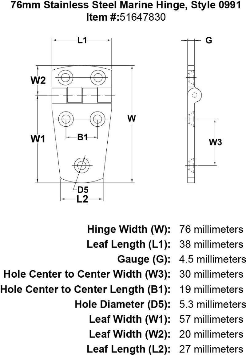 76mm Stainless Steel Marine Hinge Style 0991 specification diagram