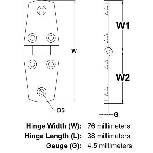 76mm Stainless Steel Marine Hinge Style 1201 specification diagram