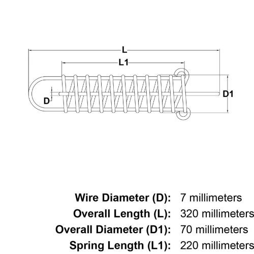 7mm x 320mm Stainless Steel Mooring Spring specification diagram