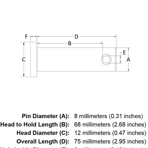 8 x 68 Stainless Steel Clevis Pin specification diagram