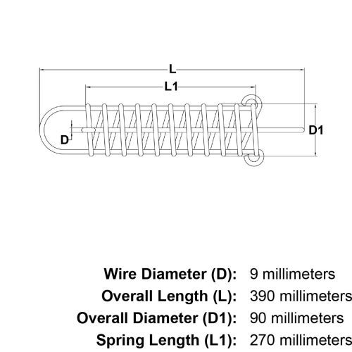 9mm x 390mm Stainless Steel Mooring Spring specification diagram