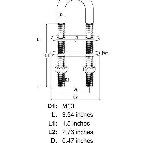 M10 x 1 5 Stainless Steel U Bolt Oversized Head specification diagram