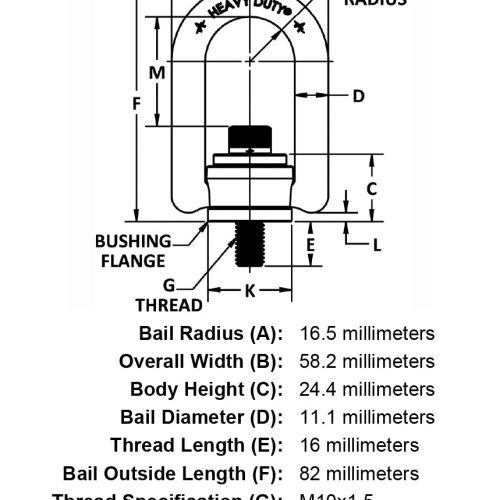 M10 x 16mm 450 kg Heavy Duty Hoist Ring specification diagram