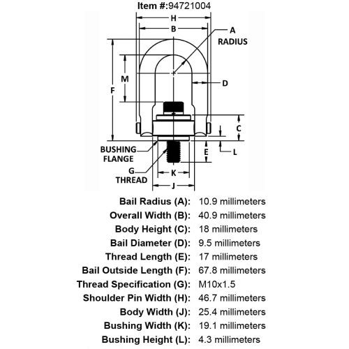 M10 x 17mm 225 kg Stainless Steel Safety Engineered Hoist Ring specification diagram