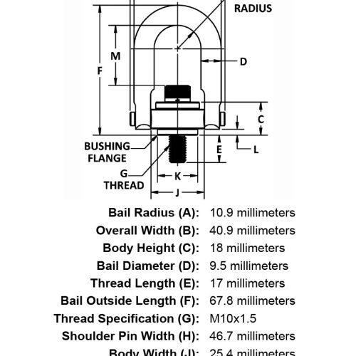 M10 x 17mm 450 kg Safety Engineered Hoist Ring specification diagram