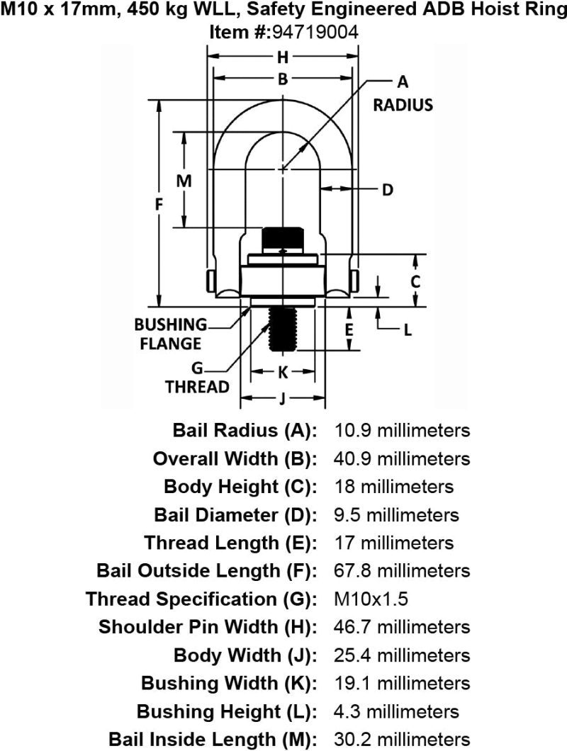 M10 x 17mm 450 kg Safety Engineered Hoist Ring specification diagram