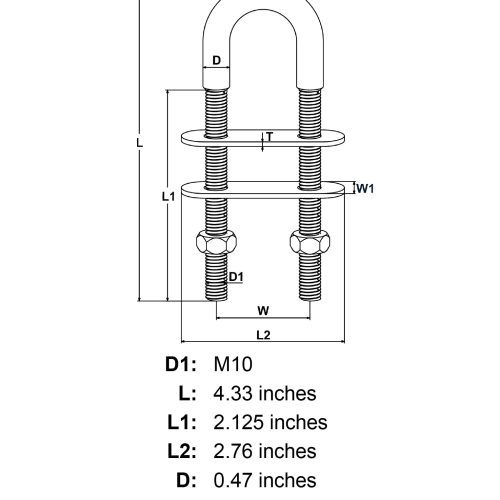 M10 x 2 125 Stainless Steel U Bolt Oversized Head specification diagram