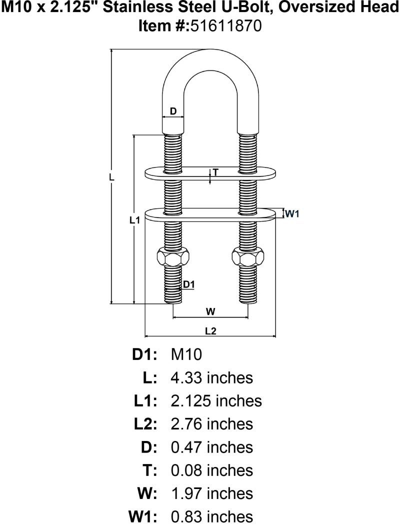 M10 x 2 125 Stainless Steel U Bolt Oversized Head specification diagram