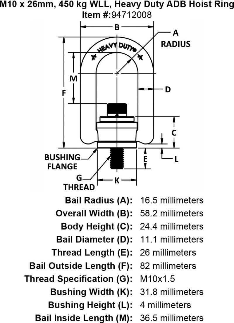 M10 x 26mm 450 kg Heavy Duty Hoist Ring specification diagram