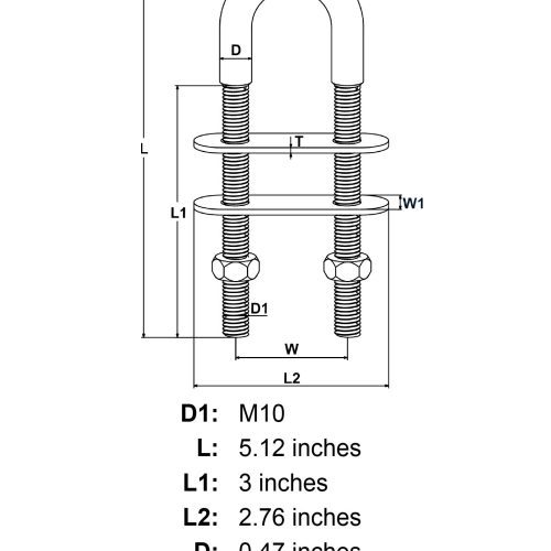 M10 x 3 Stainless Steel U Bolt Oversized Head specification diagram