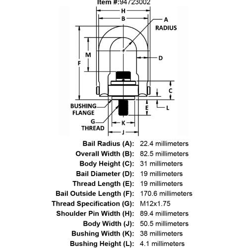 M12 x 19mm 1050 kg Safety Engineered Hoist Ring Long Bar specification diagram