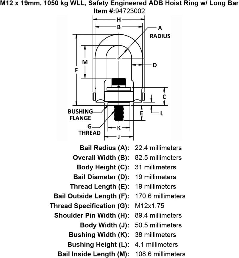 M12 x 19mm 1050 kg Safety Engineered Hoist Ring Long Bar specification diagram