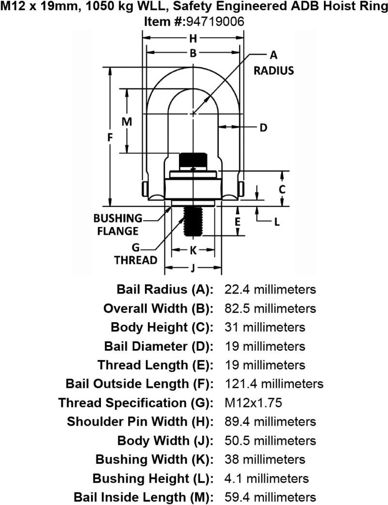 M12 x 19mm 1050 kg Safety Engineered Hoist Ring specification diagram