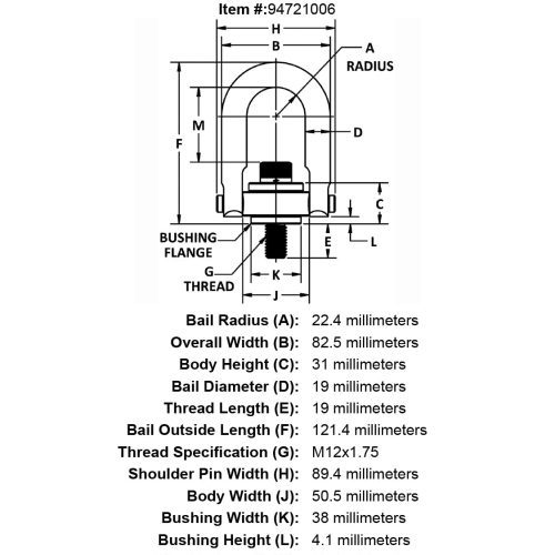 M12 x 19mm 525 kg Stainless Steel Safety Engineered Hoist Ring specification diagram