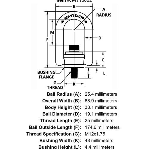 M12 x 25mm 1050 kg Heavy Duty Hoist Ring Long Bar specification diagram