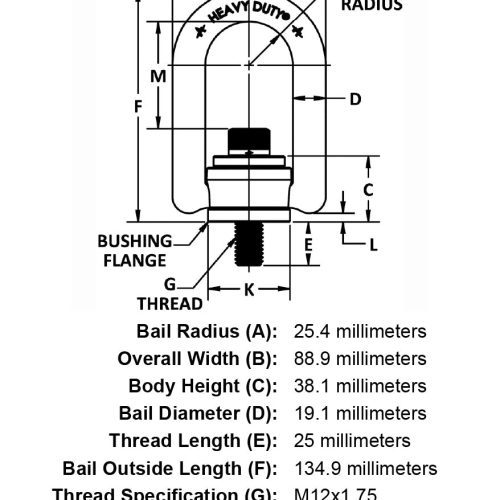 M12 x 25mm 1050 kg Heavy Duty Hoist Ring specification diagram