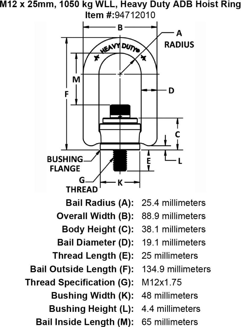 M12 x 25mm 1050 kg Heavy Duty Hoist Ring specification diagram