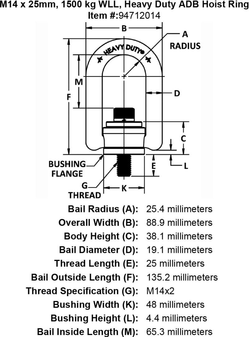 M14 x 25mm 1500 kg Heavy Duty Hoist Ring specification diagram