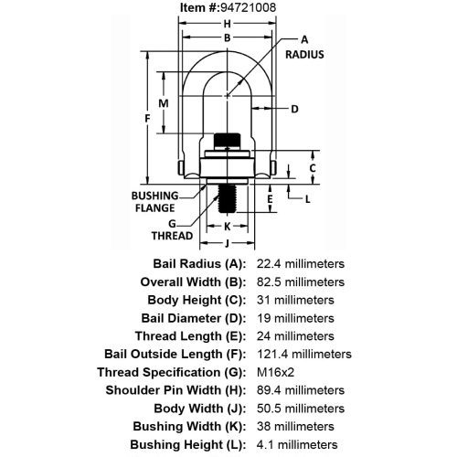 M16 x 24mm 950 kg Stainless Steel Safety Engineered Hoist Ring specification diagram