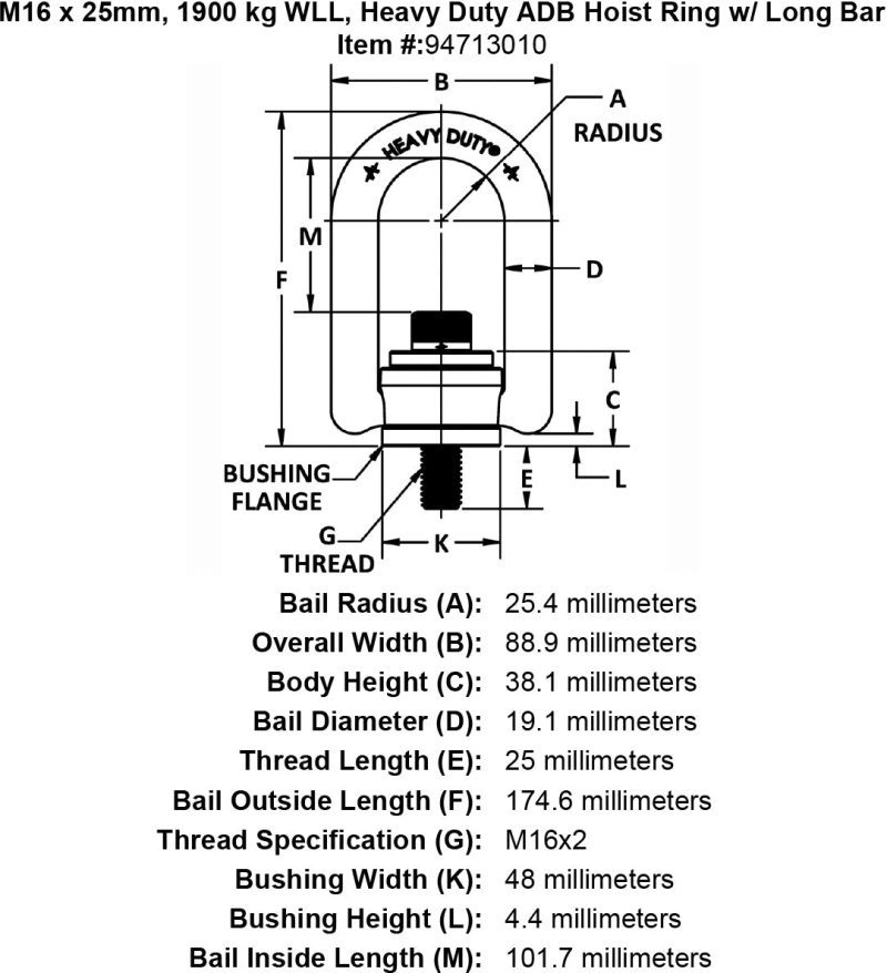 M16 x 25mm 1900 kg Heavy Duty Hoist Ring Long Bar specification diagram