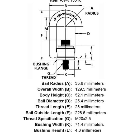 M20 x 28mm 3000 kg Heavy Duty Hoist Ring Long Bar specification diagram