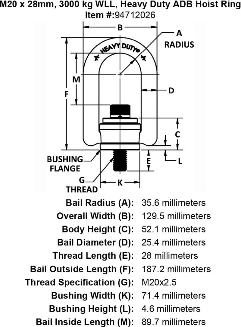 M20 x 28mm 3000 kg Heavy Duty Hoist Ring specification diagram