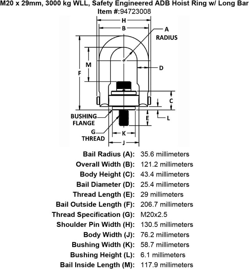 M20 x 29mm 3000 kg Safety Engineered Hoist Ring Long Bar specification diagram