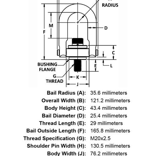 M20 x 29mm 3000 kg Safety Engineered Hoist Ring specification diagram