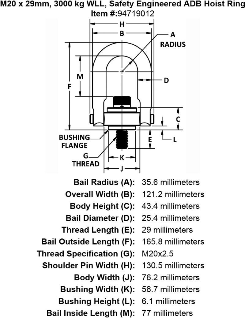 M20 x 29mm 3000 kg Safety Engineered Hoist Ring specification diagram