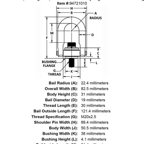 M20 x 30mm 1100 kg Stainless Steel Safety Engineered Hoist Ring specification diagram