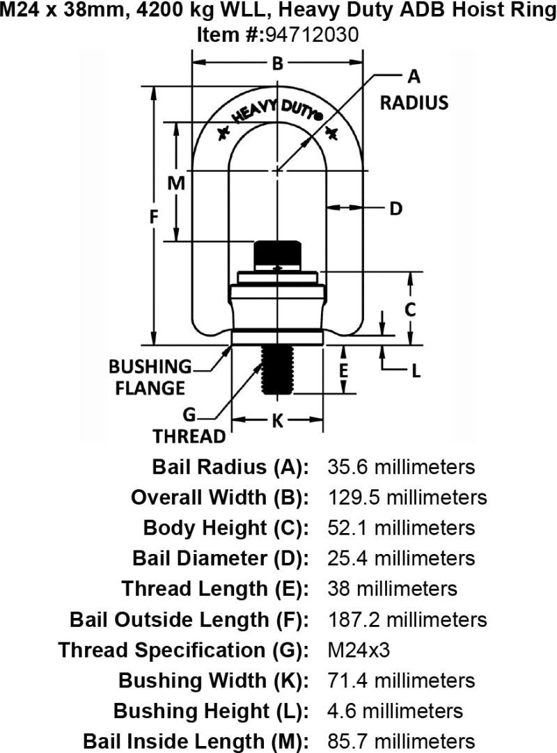 M24 x 38mm 4200 kg Heavy Duty Hoist Ring specification diagram