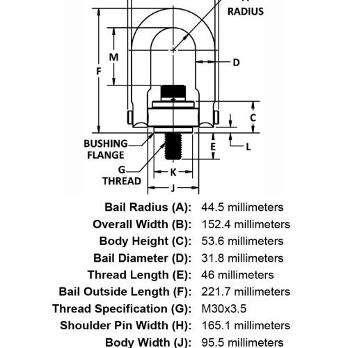 M30 x 46mm 7000 kg Safety Engineered Hoist Ring specification diagram