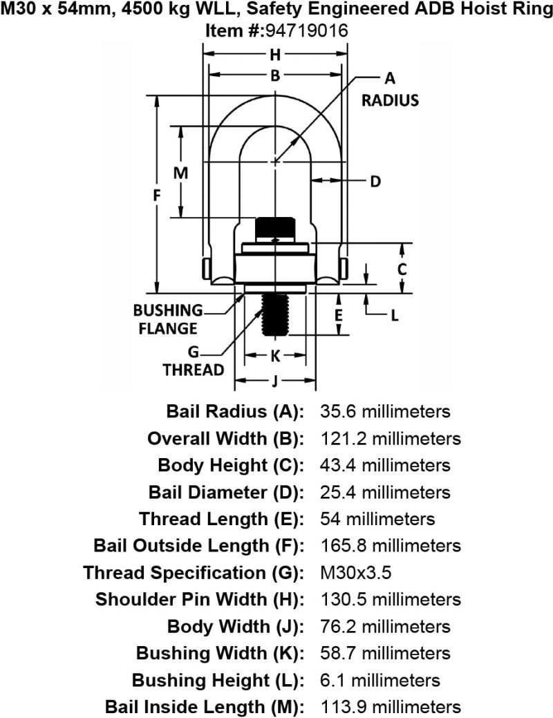 M30 x 54mm 4500 kg Safety Engineered Hoist Ring specification diagram