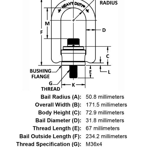 M36 x 67mm 11000 kg Heavy Duty Hoist Ring specification diagram