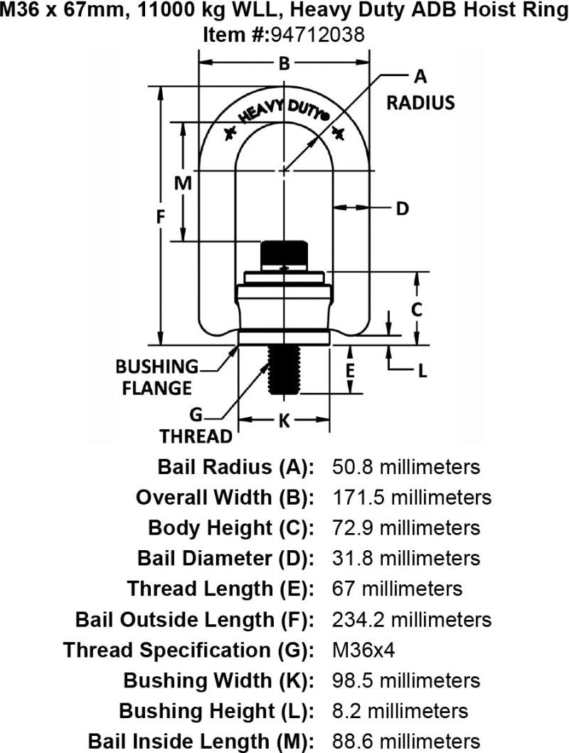 M36 x 67mm 11000 kg Heavy Duty Hoist Ring specification diagram