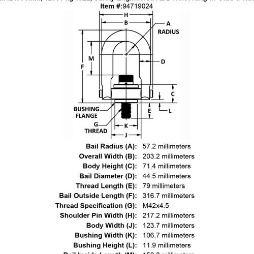 M42 x 79mm 12500 kg Safety Engineered Hoist Ring Stud Nut specification diagram