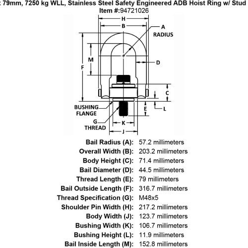 M48 x 79mm 7250 kg Stainless Steel Safety Engineered Hoist Ring Stud Nut specification diagram