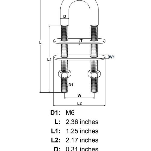 M6 x 1 25 Stainless Steel U Bolt Oversized Head specification diagram