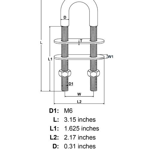 M6 x 1 625 Stainless Steel U Bolt Oversized Head specification diagram