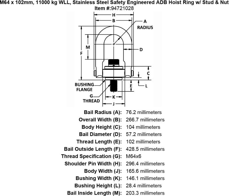 M64 x 102mm 11000 kg Stainless Steel Safety Engineered Hoist Ring Stud Nut specification diagram