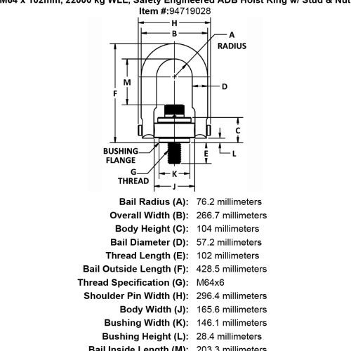 M64 x 102mm 22000 kg Safety Engineered Hoist Ring Stud Nut specification diagram