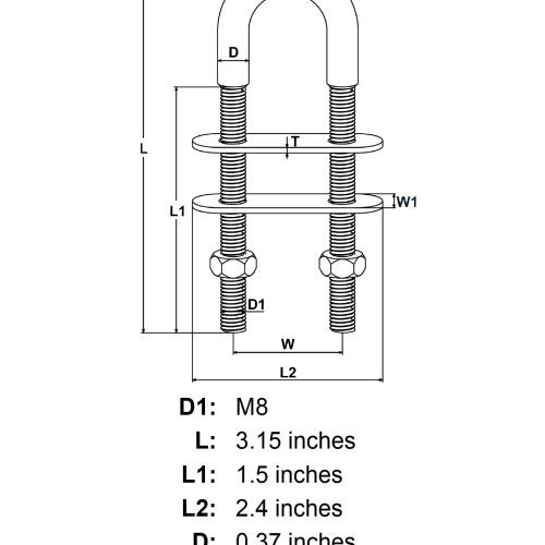 M8 x 1 5 Stainless Steel U Bolt Oversized Head specification diagram